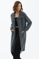 Geniş Yaka Salaş Triko Uzun Hırka - Koyu Gri (2) Sementa