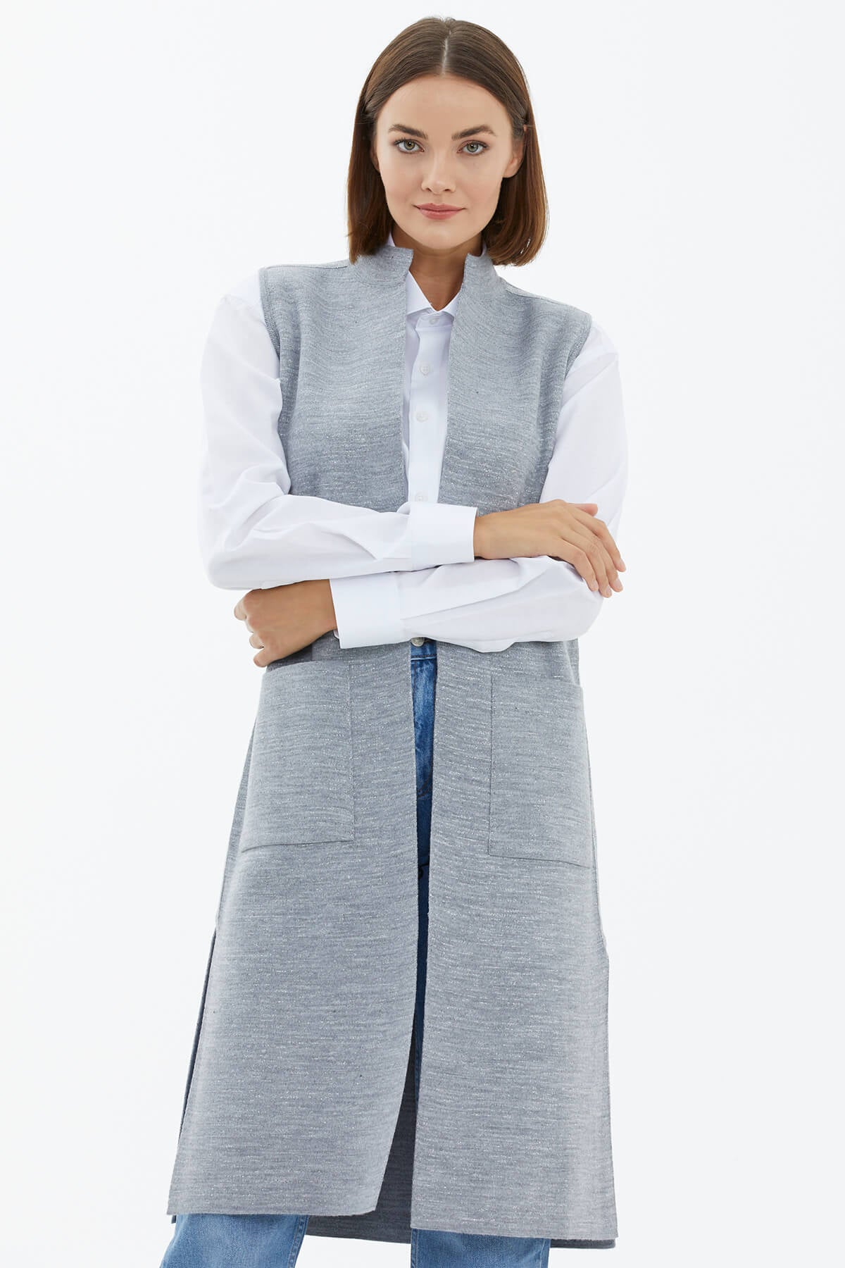 Hakim Yaka Cepli Sim Detaylı Triko Yelek - Gri (1) Sementa