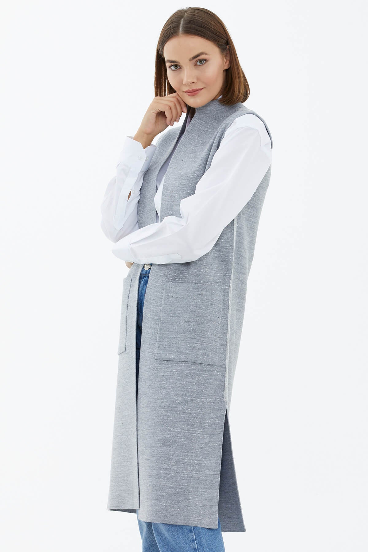 Hakim Yaka Cepli Sim Detaylı Triko Yelek - Gri (3) Sementa