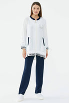 Hakim Yaka Sim Detaylı Geniş Kalıp Krep Takım - Ekru - Lacivert (1) Sementa