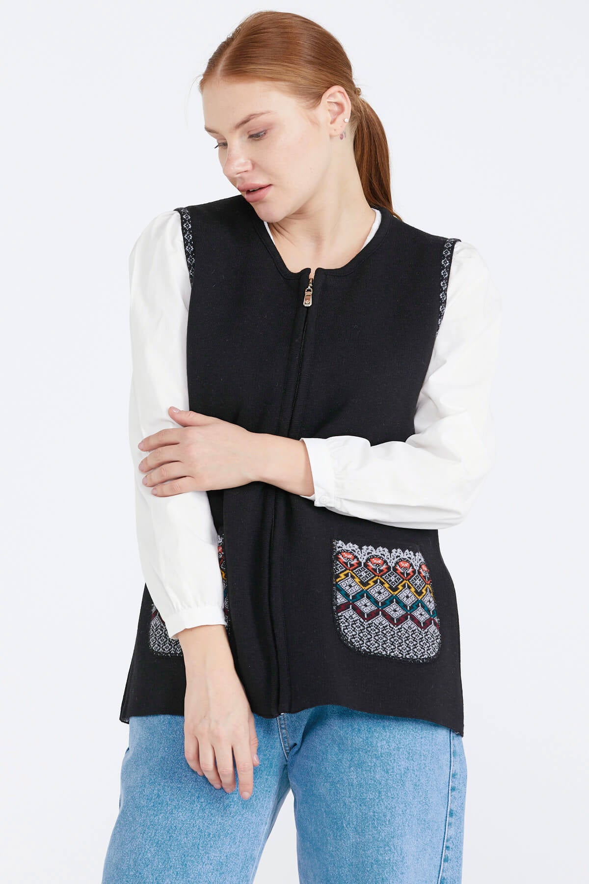 Kadın Cepli Fermuarlı Triko Yelek - Siyah - Açık Gri (1) Sementa