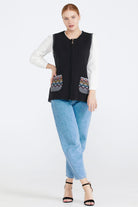 Kadın Cepli Fermuarlı Triko Yelek - Siyah - Açık Gri (3) Sementa