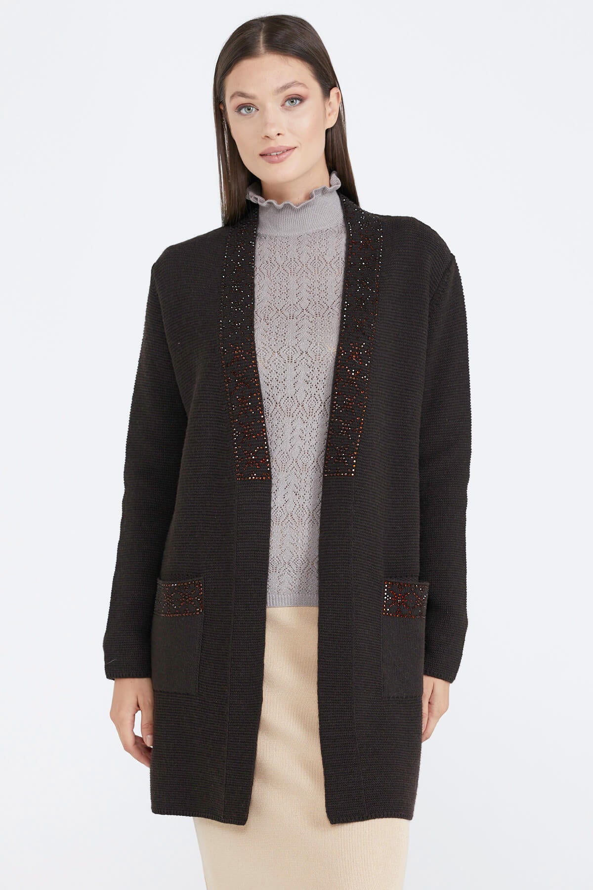 Kadın Cepli Triko Ceket - Kahve (1) Sementa