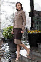 Kadın Dik Yaka Etekli Triko Takım - Kahve - Bej (1) Sementa