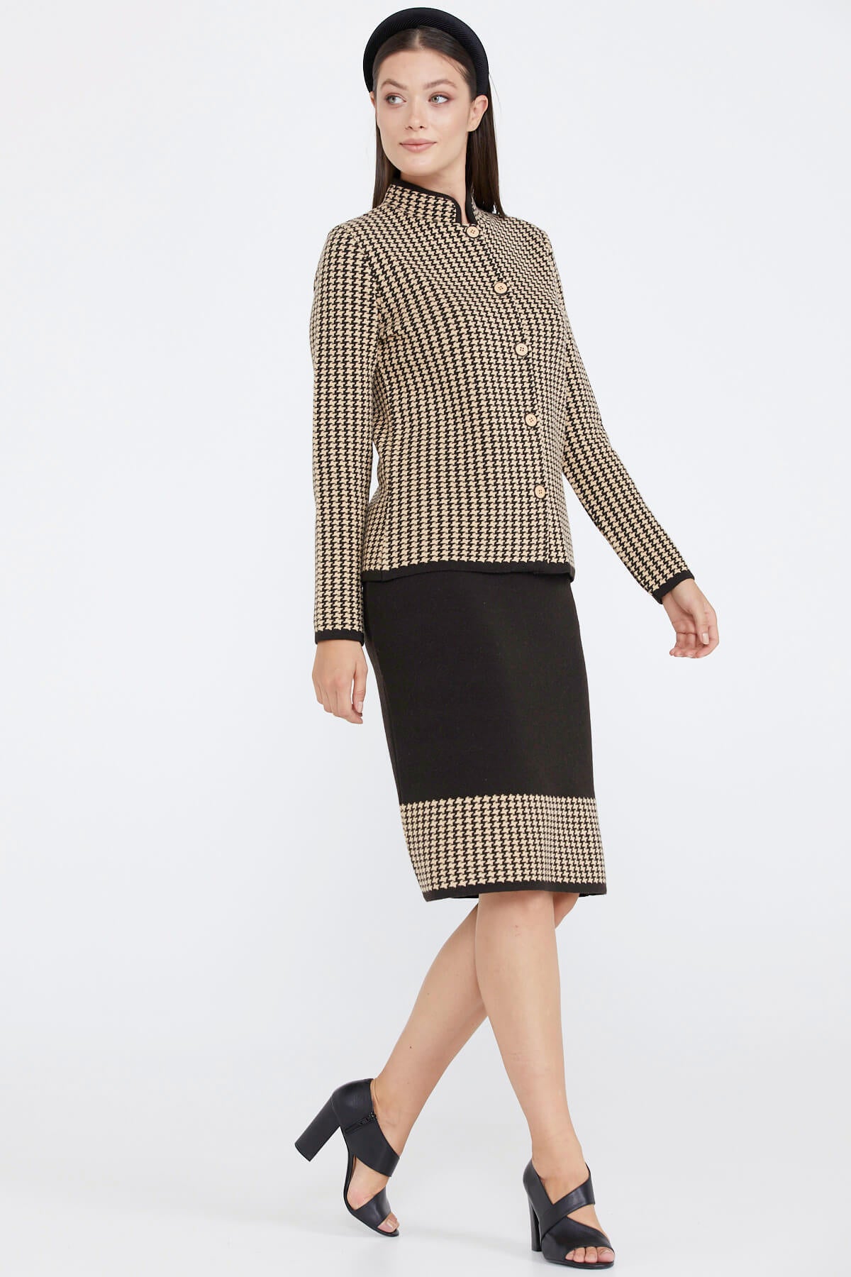 Kadın Dik Yaka Etekli Triko Takım - Kahve - Bej (3) Sementa