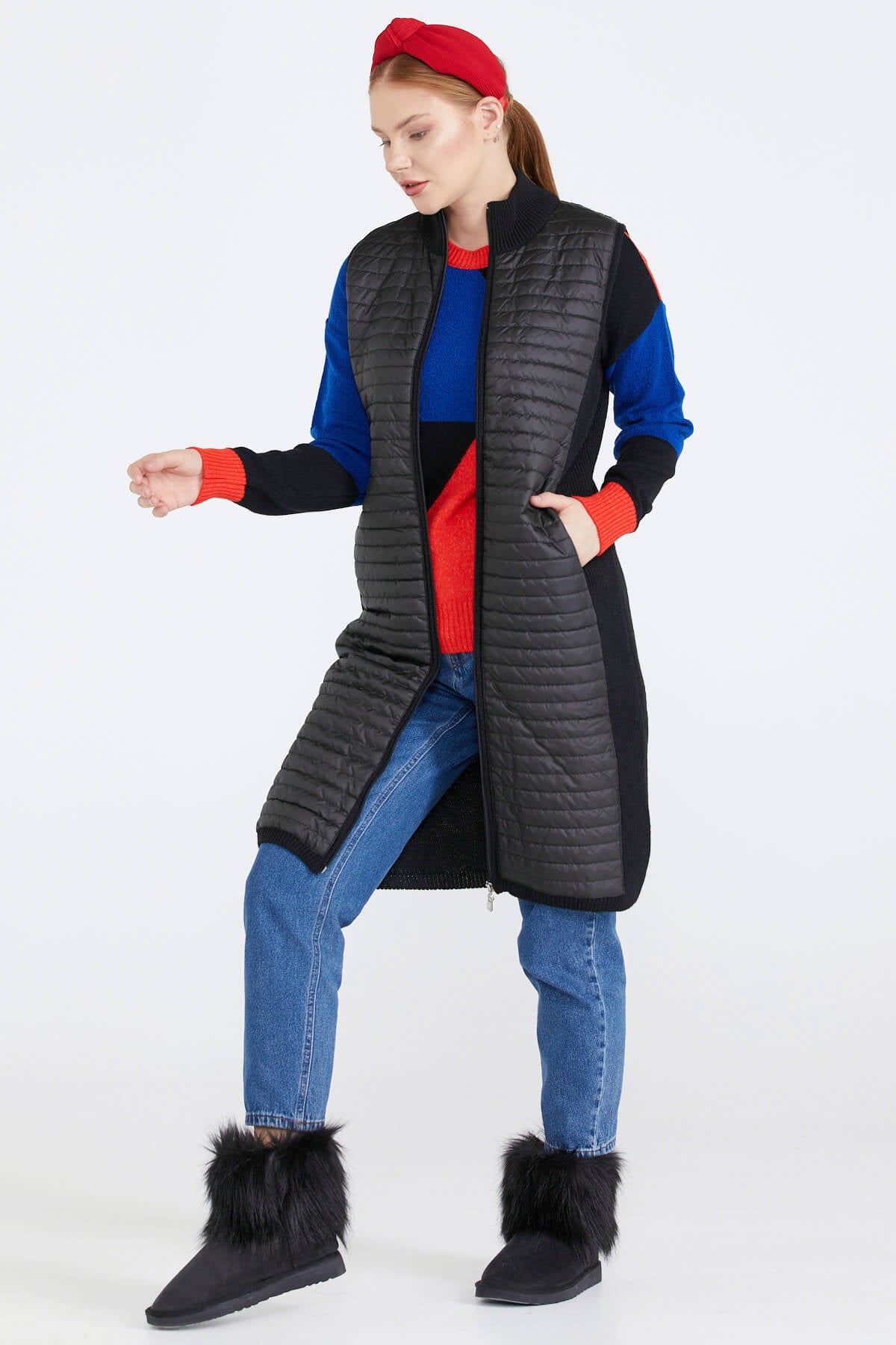 Kadın Dik Yaka Önü Kapitone Fermuarlı Triko Yelek - Siyah (1) Sementa