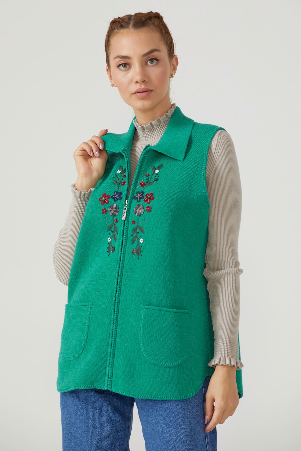Kadın Fermuarlı Triko Yelek - Yeşil (1) Sementa