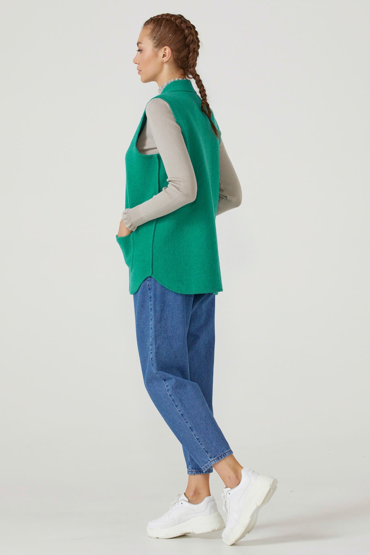 Kadın Fermuarlı Triko Yelek - Yeşil (3) Sementa