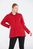 Kadın Polo Yaka Cepli Nakışlı Triko Ceket - Kırmızı (2) Sementa