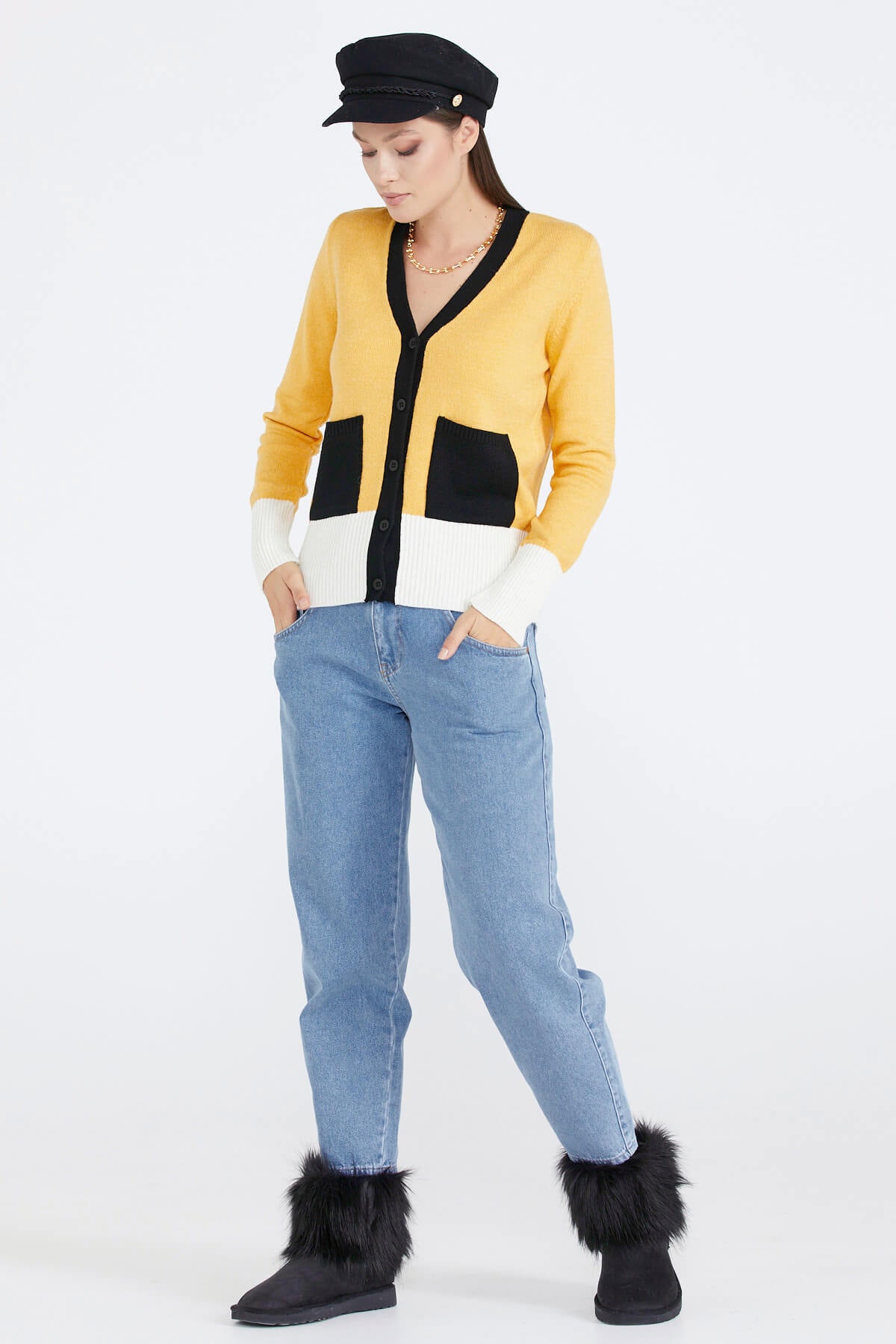 Kadın Renkli Cepli Triko Hırka - Hardal (2) Sementa