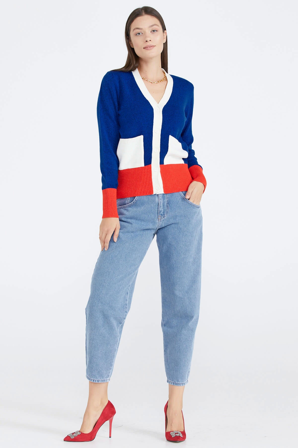 Kadın Renkli Cepli Triko Hırka - Saks (1) Sementa