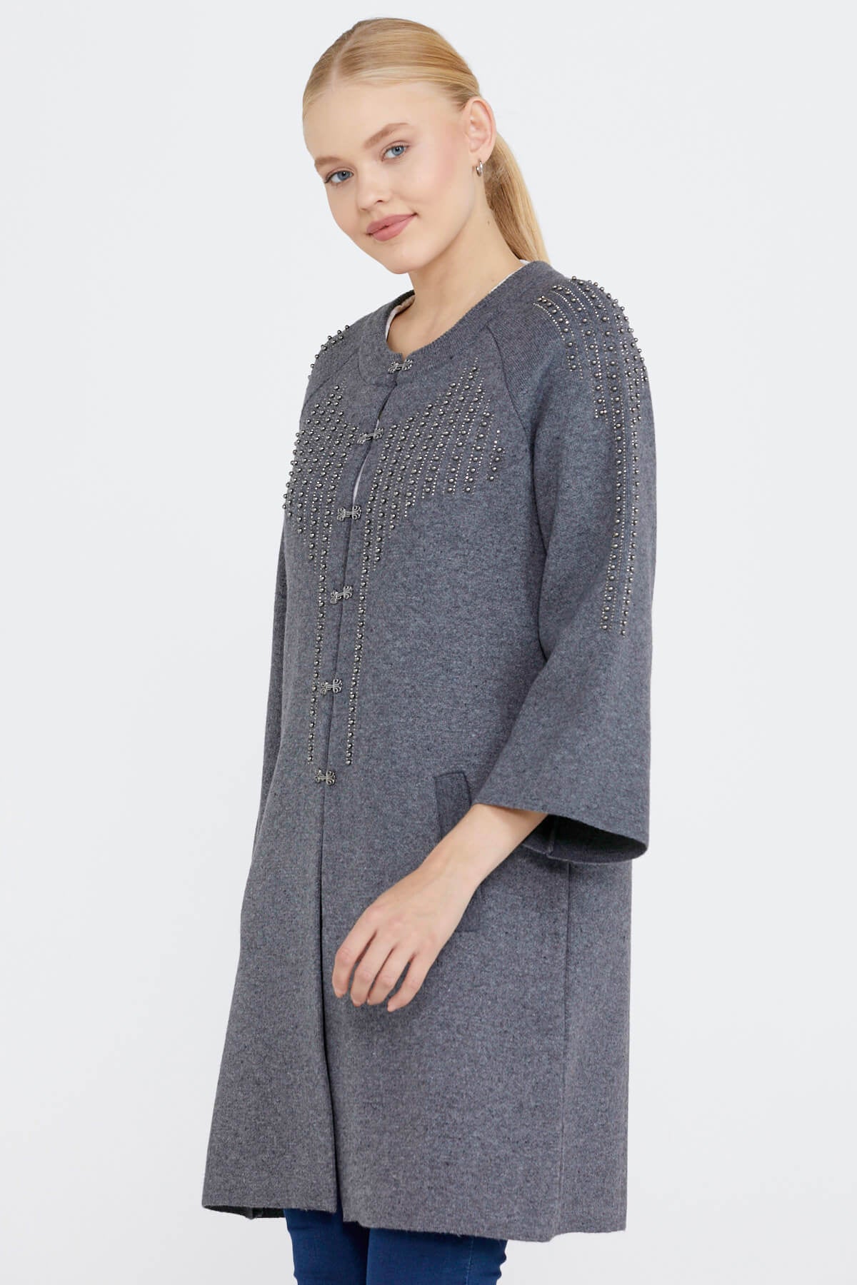 Kadın Taşlı Agraflı Triko Ceket - Koyu Gri (2) Sementa