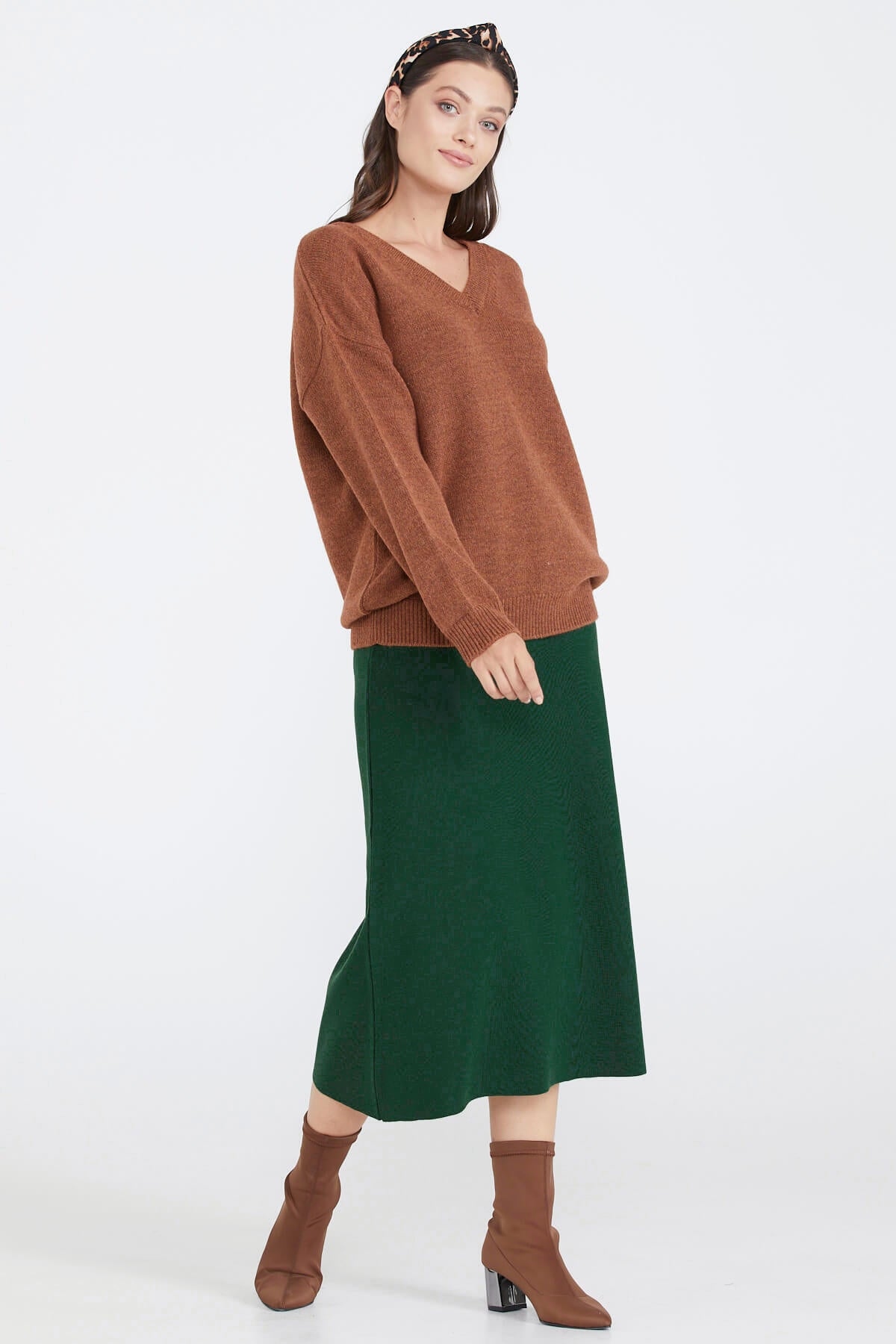 Kadın V Yaka Triko Kazak - Taba (2) Sementa