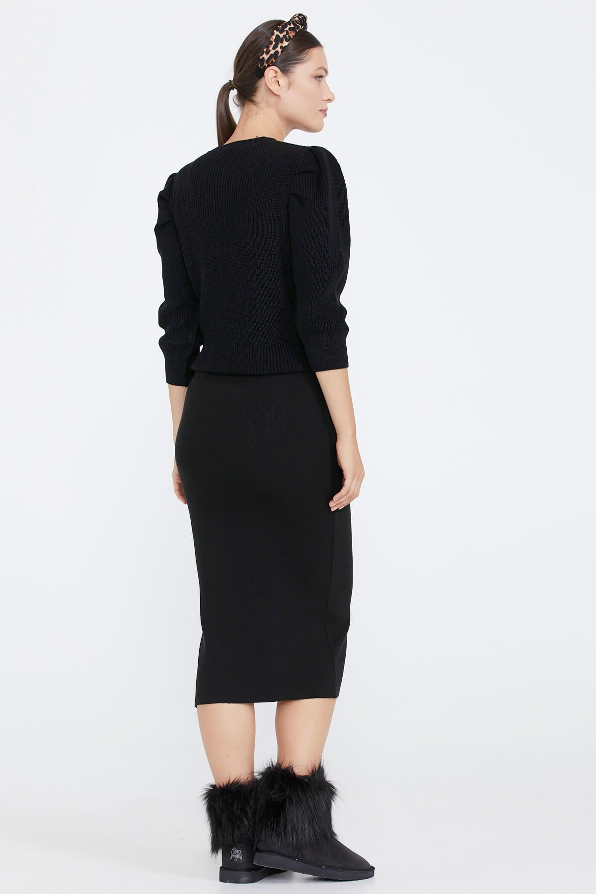 Kadın Yırtmaçlı Triko Etek - Siyah (3) Sementa