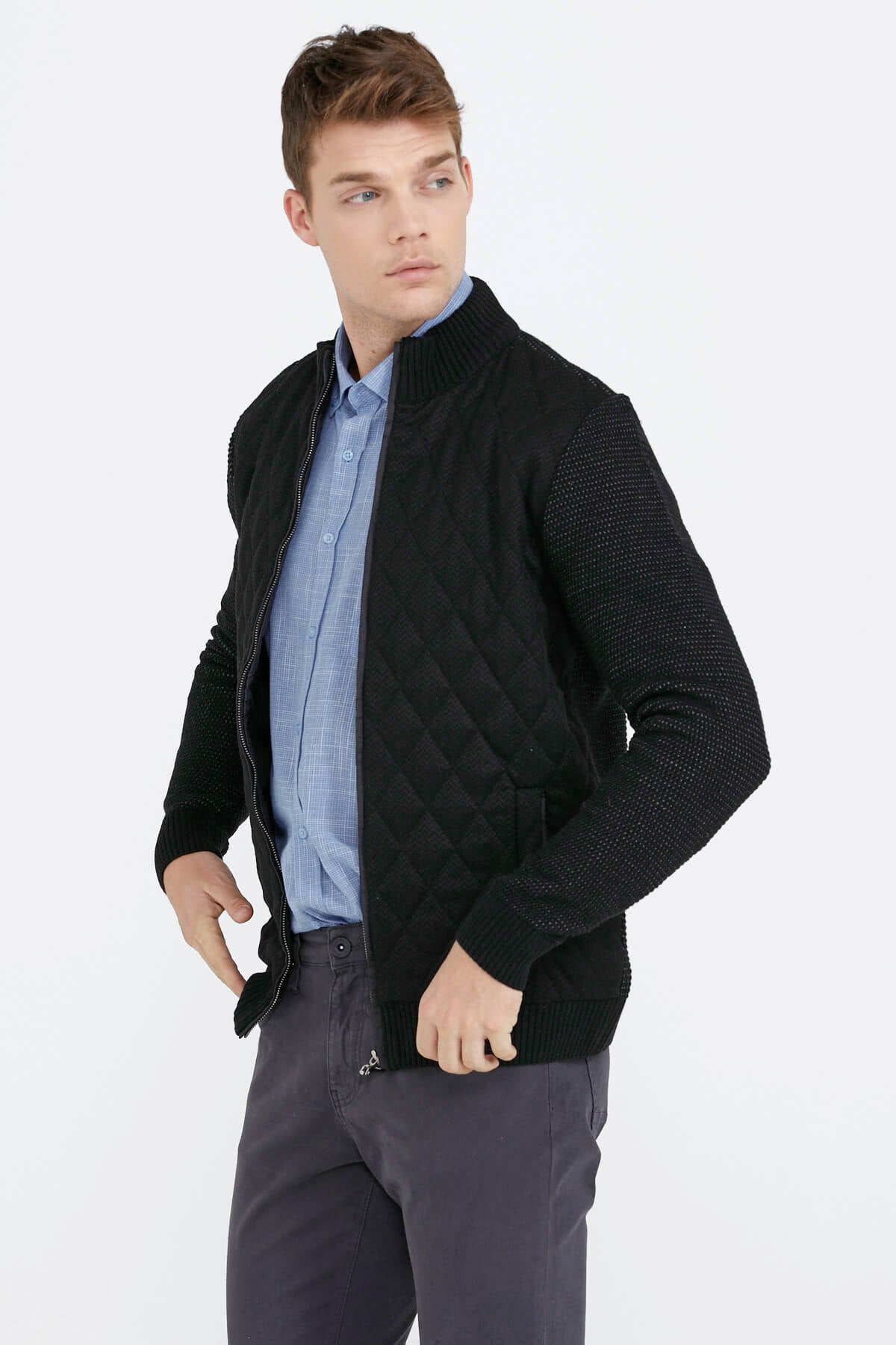 Kapitone Fermuarlı Erkek Triko Ceket - Siyah (1) Sementa