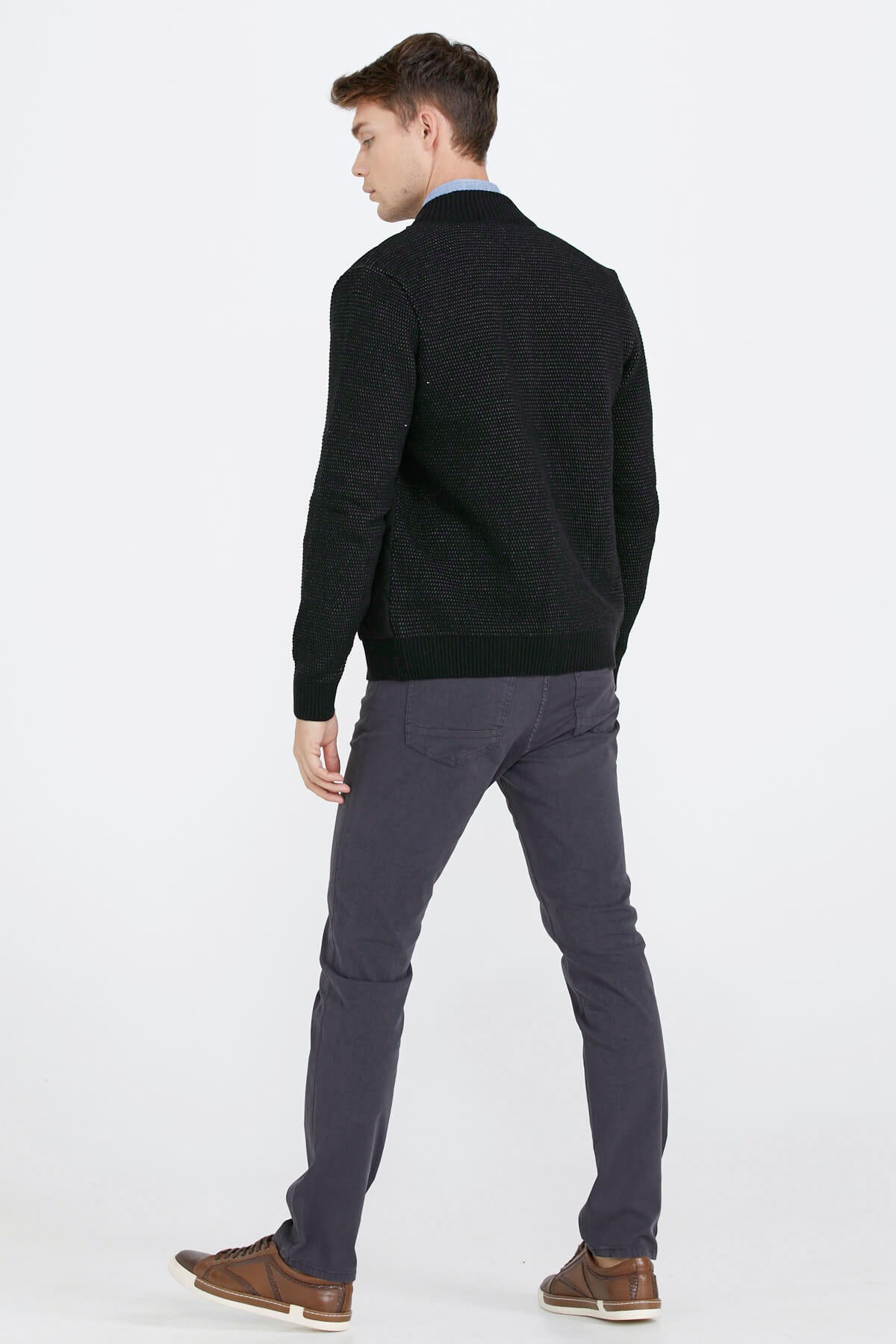 Kapitone Fermuarlı Erkek Triko Ceket - Siyah (4) Sementa