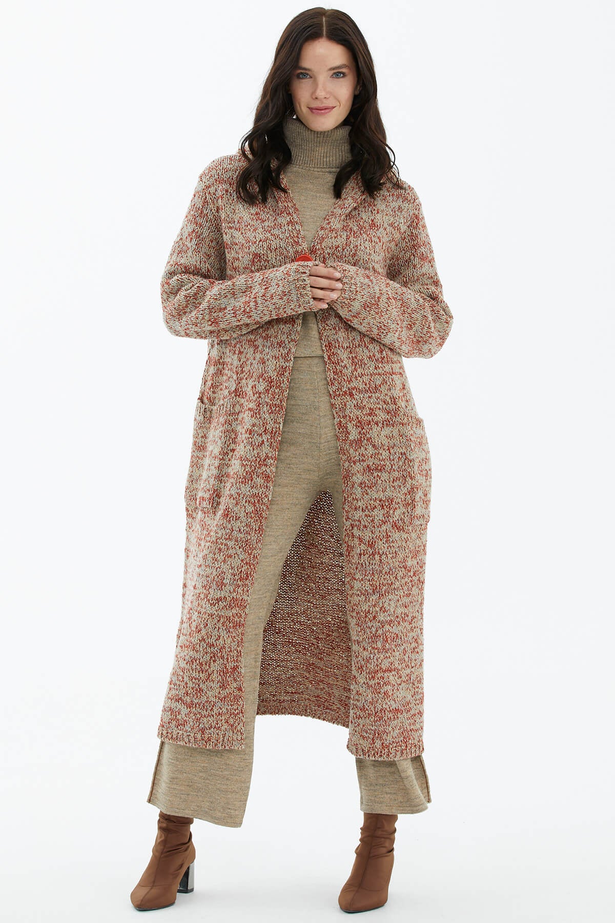 Kapüşonlu Cepli Triko Hırka - Bej (1) Sementa