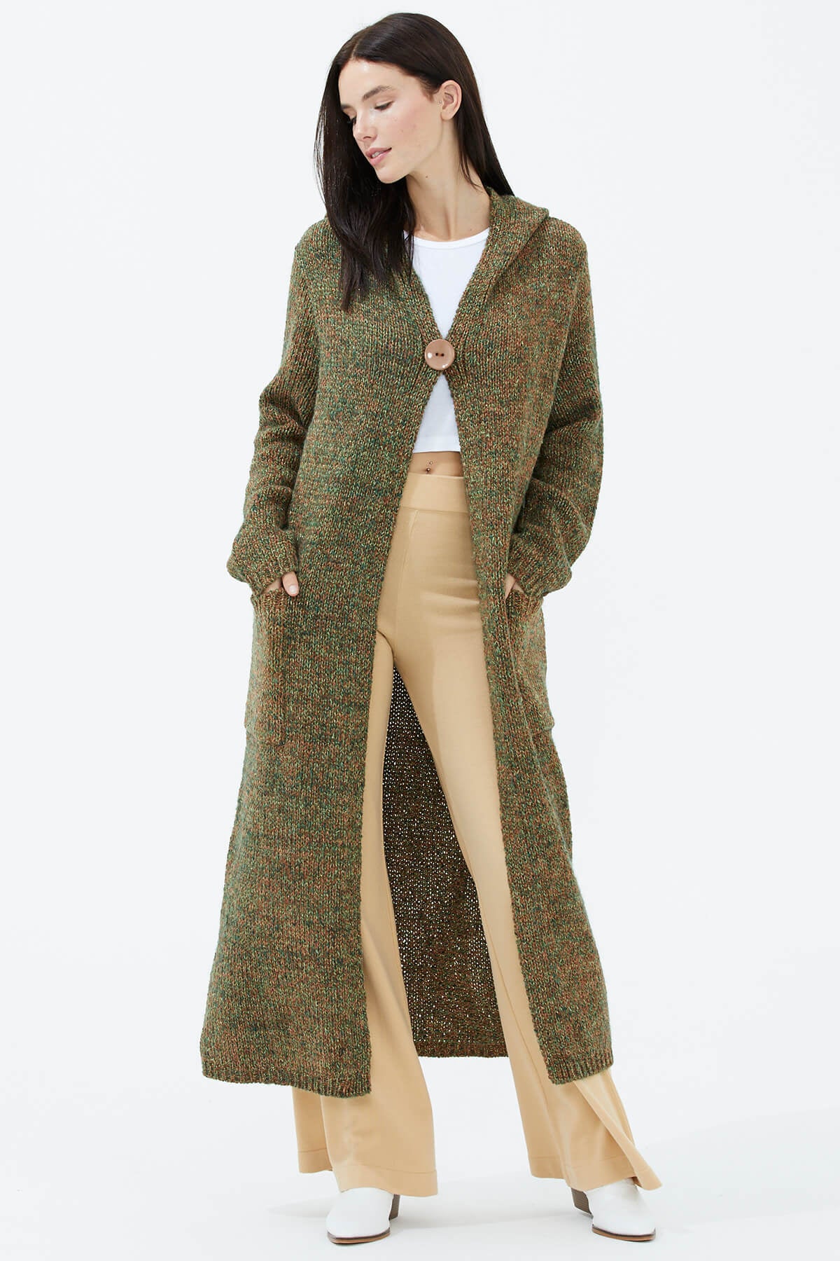 Kapüşonlu Cepli Triko Hırka - Taba (1) Sementa