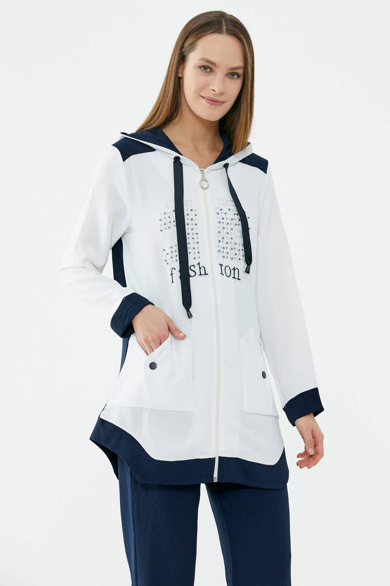 Kapüşonlu Çift Renk Rahat Kalıp Krep Takım - Ekru - Lacivert (3) Sementa