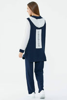 Kapüşonlu Çift Renk Rahat Kalıp Krep Takım - Ekru - Lacivert (5) Sementa