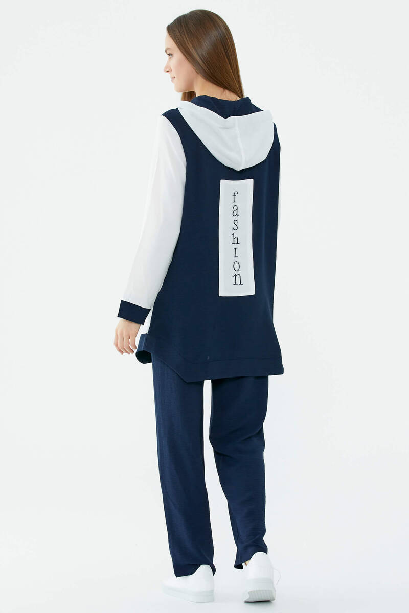 Kapüşonlu Çift Renk Rahat Kalıp Krep Takım - Ekru - Lacivert (5) Sementa