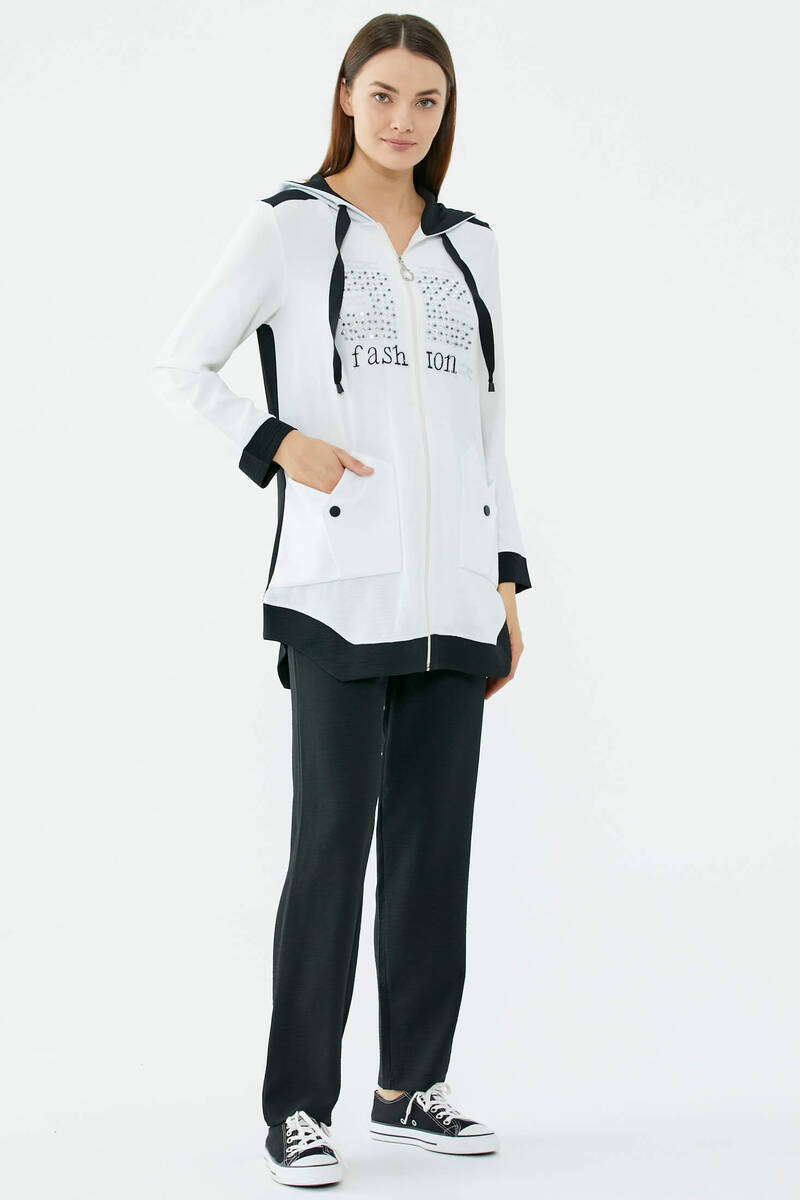 Kapüşonlu Çift Renk Rahat Kalıp Krep Takım - Ekru - Siyah (2) Sementa