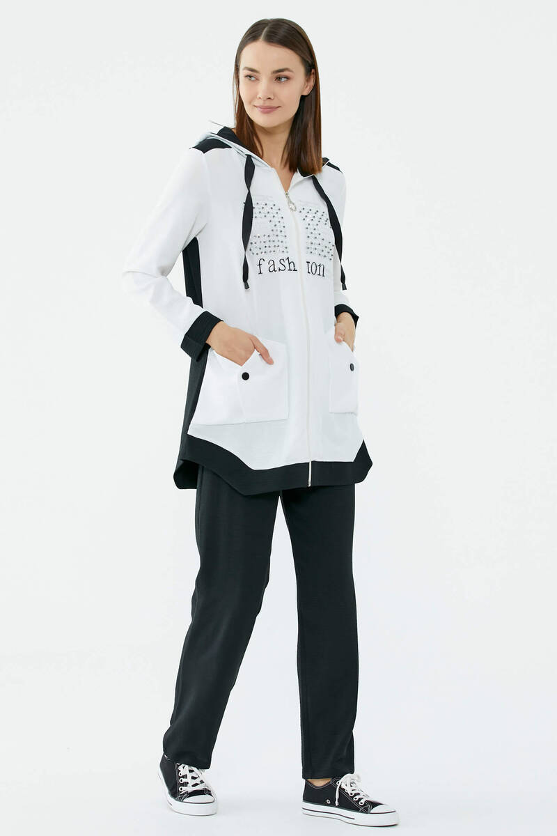 Kapüşonlu Çift Renk Rahat Kalıp Krep Takım - Ekru - Siyah (3) Sementa
