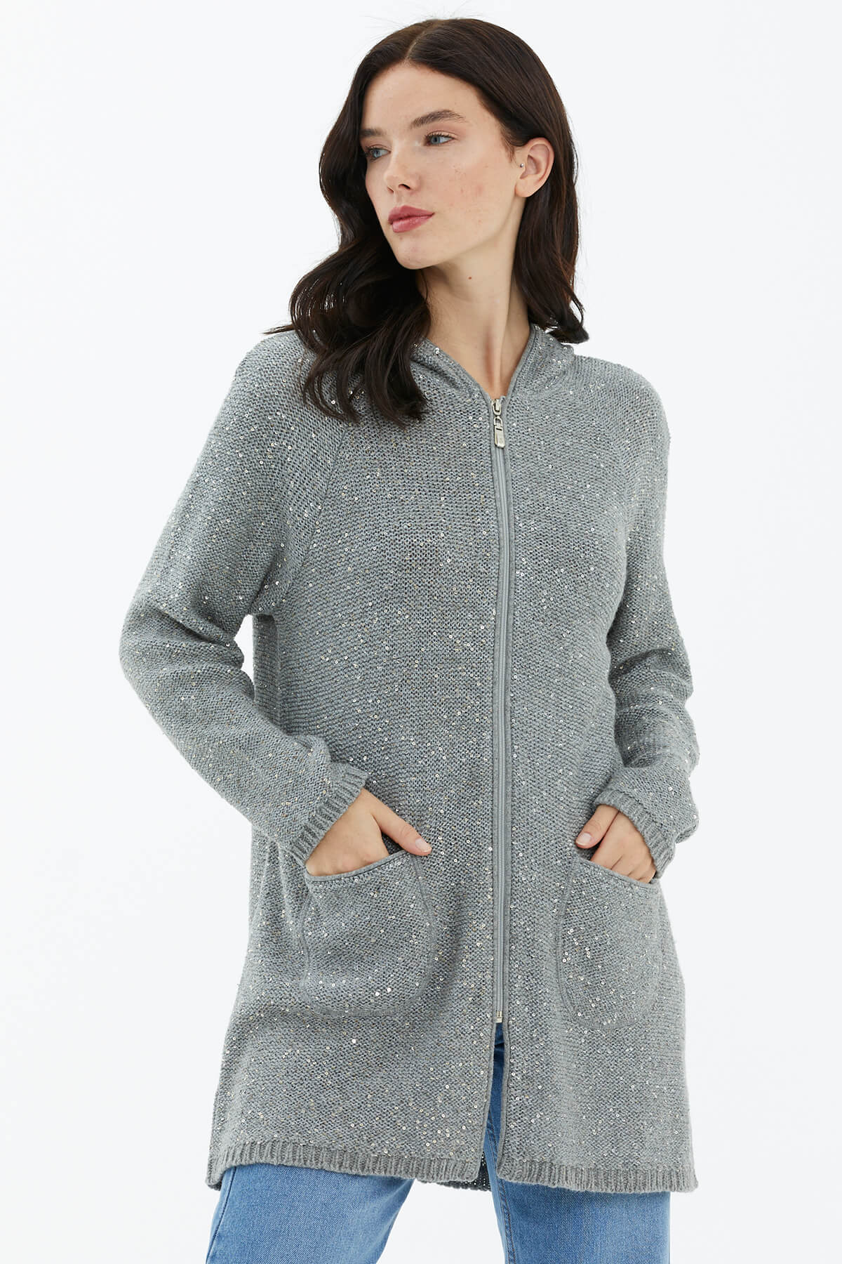 Kapüşonlu Fermuarlı Pullu Triko Hırka - Gri (1) Sementa