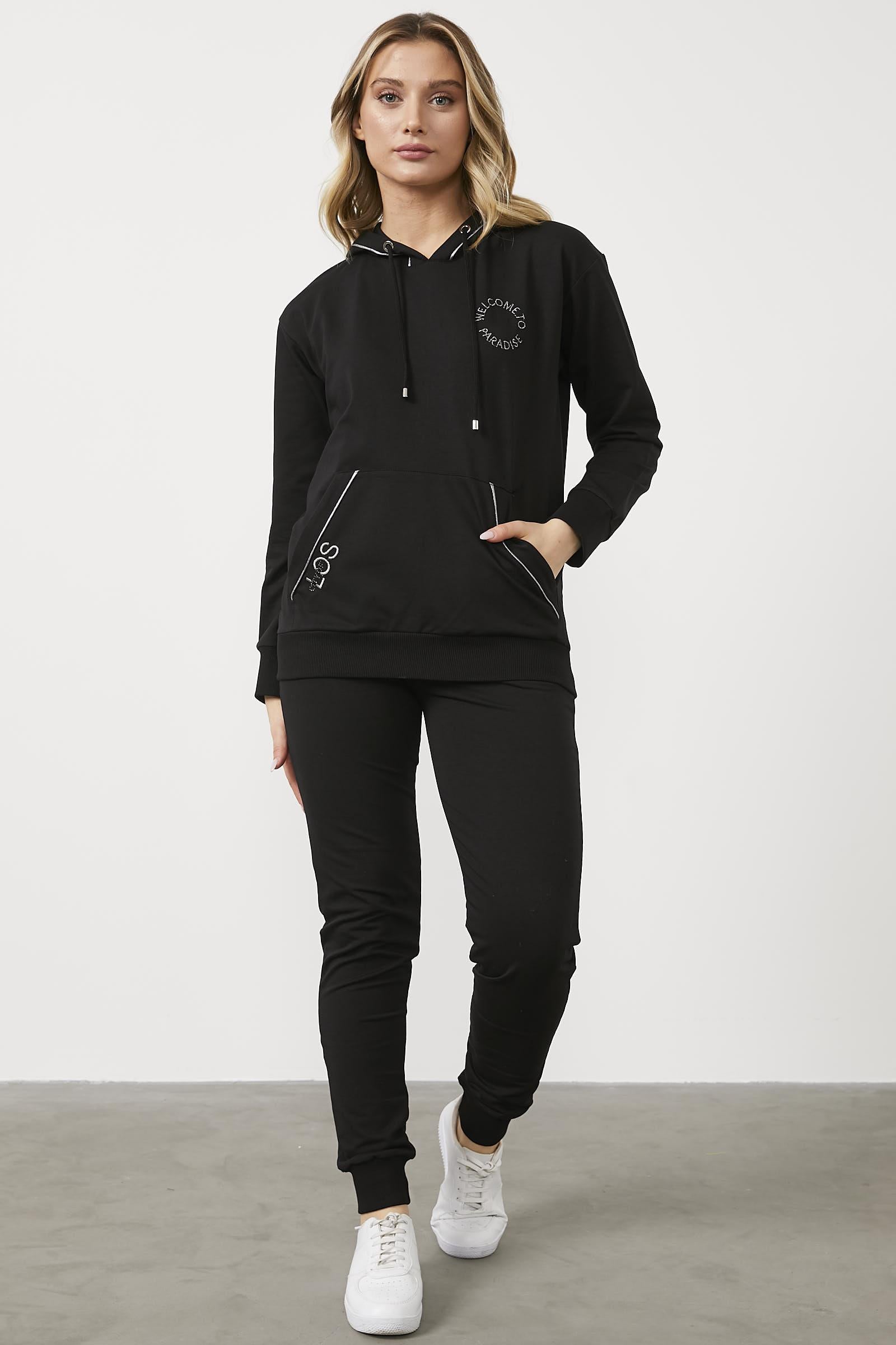 Kapüşonlu Kanguru Cepli Eşofman Takım - Siyah (1) Sementa