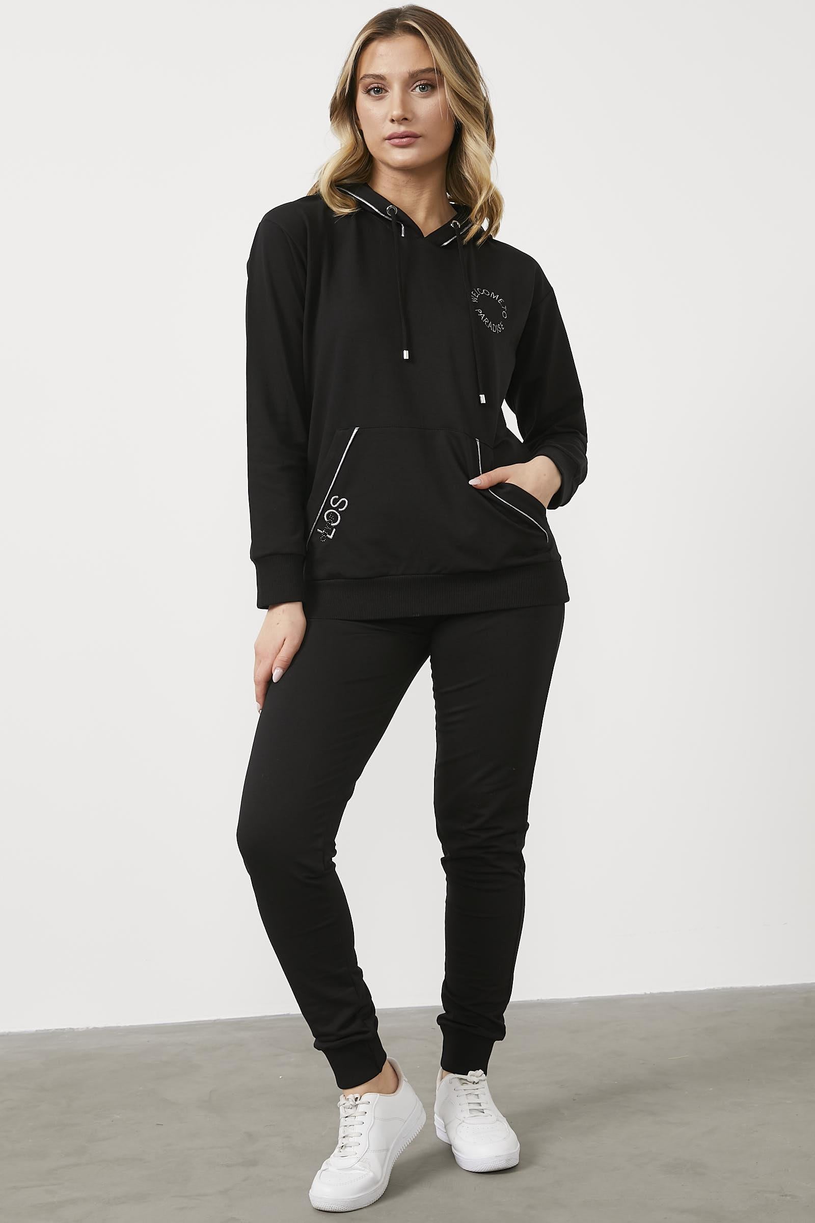 Kapüşonlu Kanguru Cepli Eşofman Takım - Siyah (2) Sementa