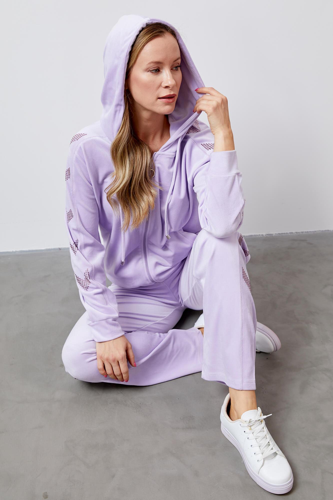 Hooded Stone Detailed Velvet Tracksuit Set Lilac Sementa