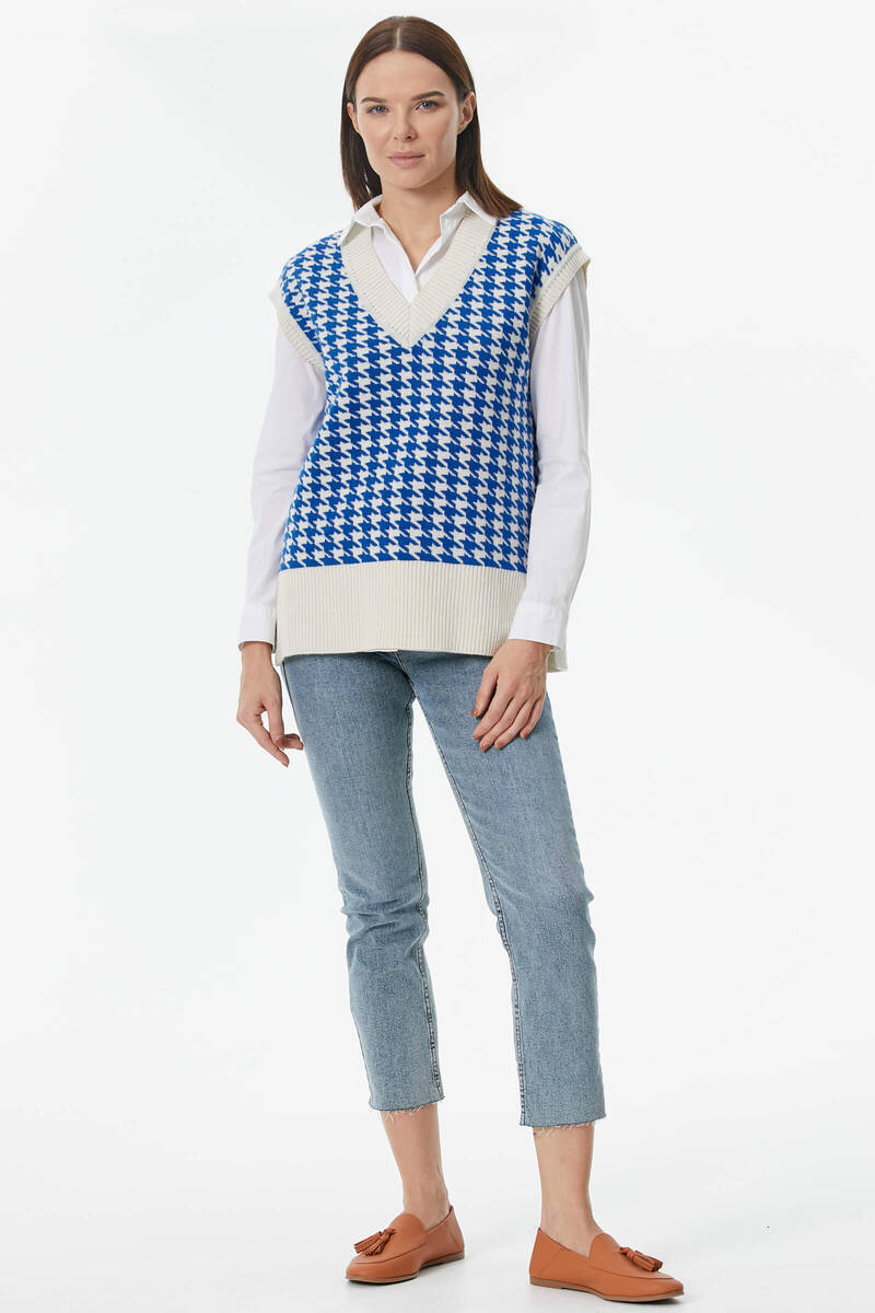 Kazayağı Desenli Triko Süveter - Kemik-Saks (1) Sementa