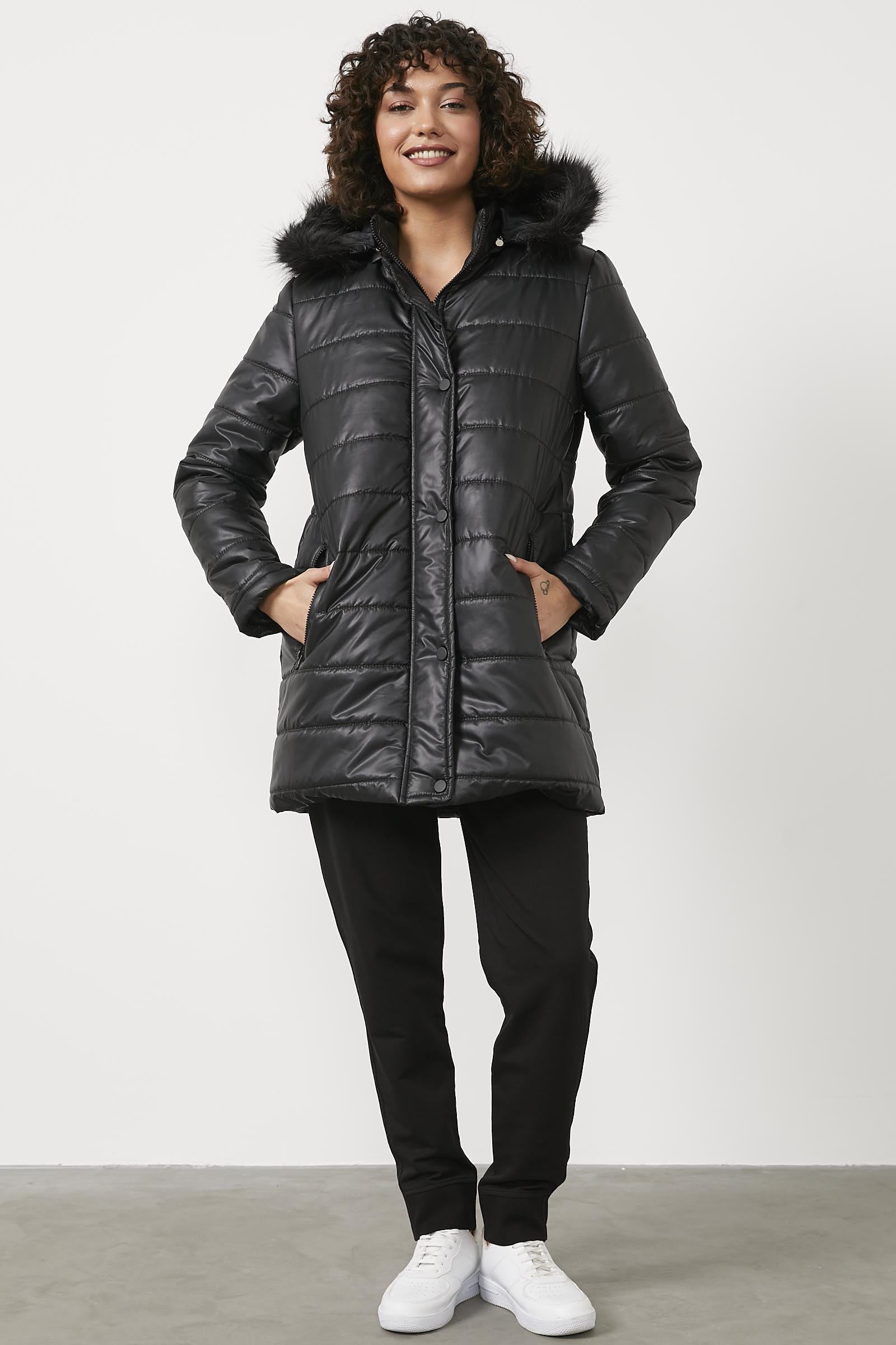 Kürk Kapüşonlu Tunik Boy Kapitone Mont - Siyah (3) Sementa