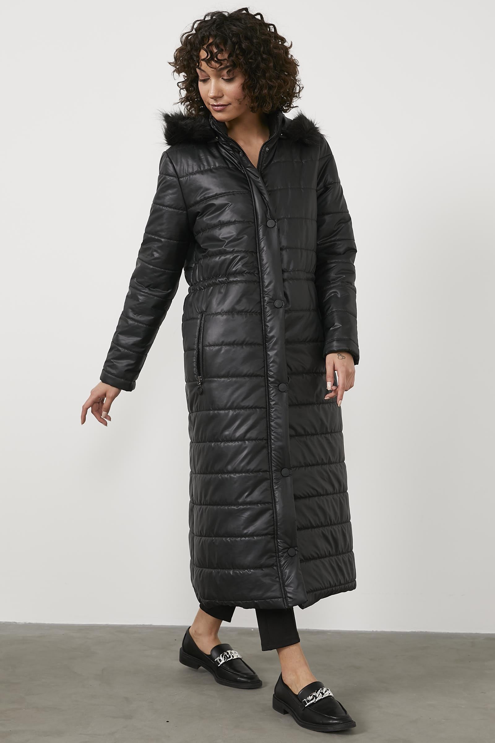 Fur Hooded Long Quilted Coat Black Black S