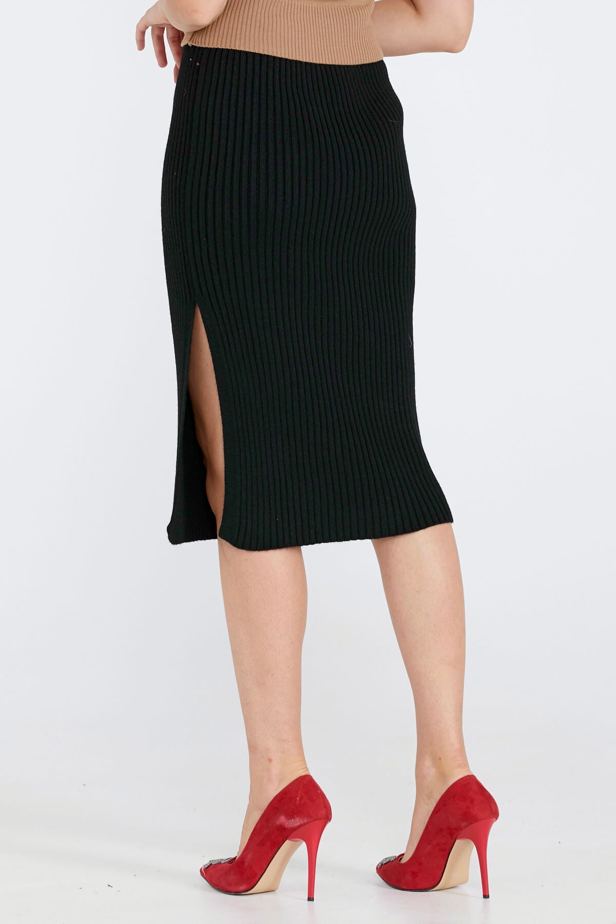 Lastik Örgülü Kadın Triko Etek - Siyah (2) Sementa