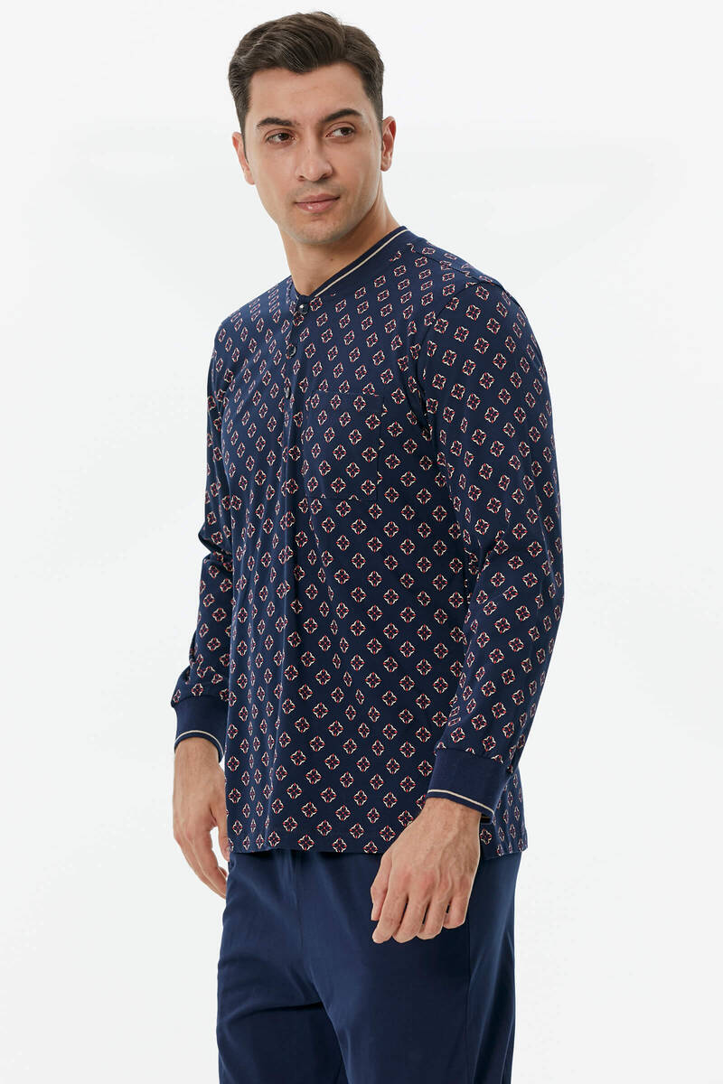 Örme Detaylı Desenli Pijama Takım - Lacivert (2) Sementa