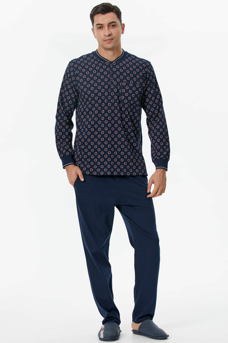 Örme Detaylı Desenli Pijama Takım - Lacivert (3) Sementa