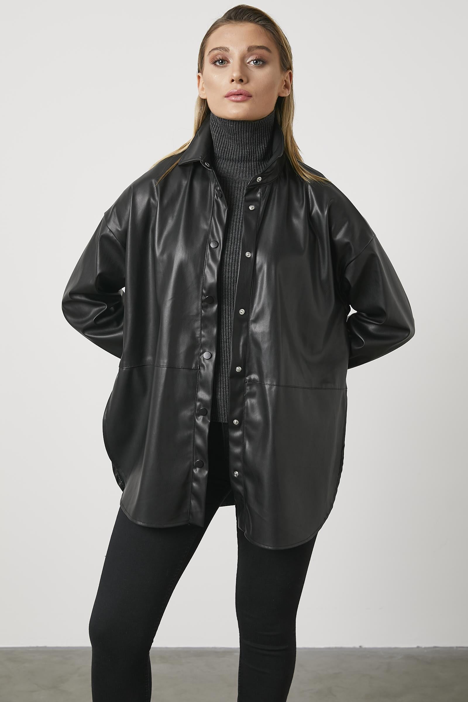 Oversize Suni Deri Gömlek - Siyah (3) Sementa