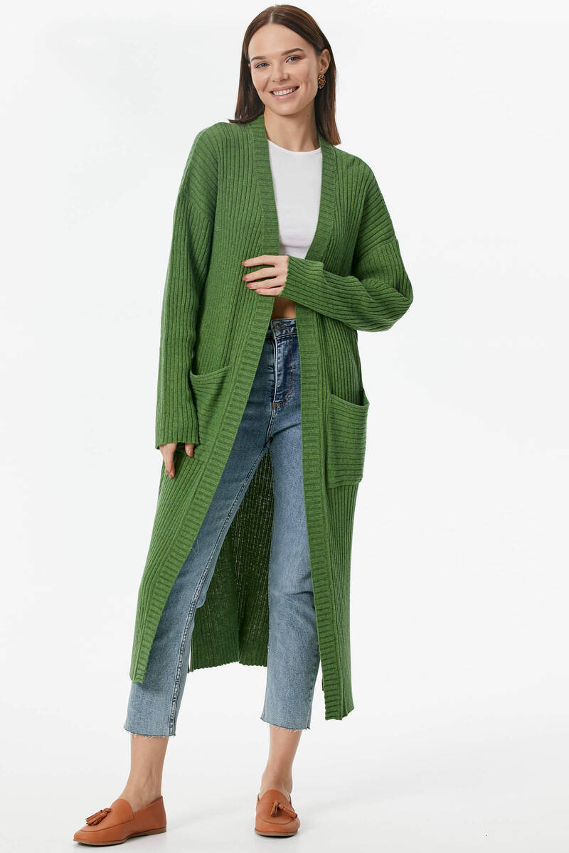 Oversize Uzun Triko Hırka - Yeşil (1) Sementa