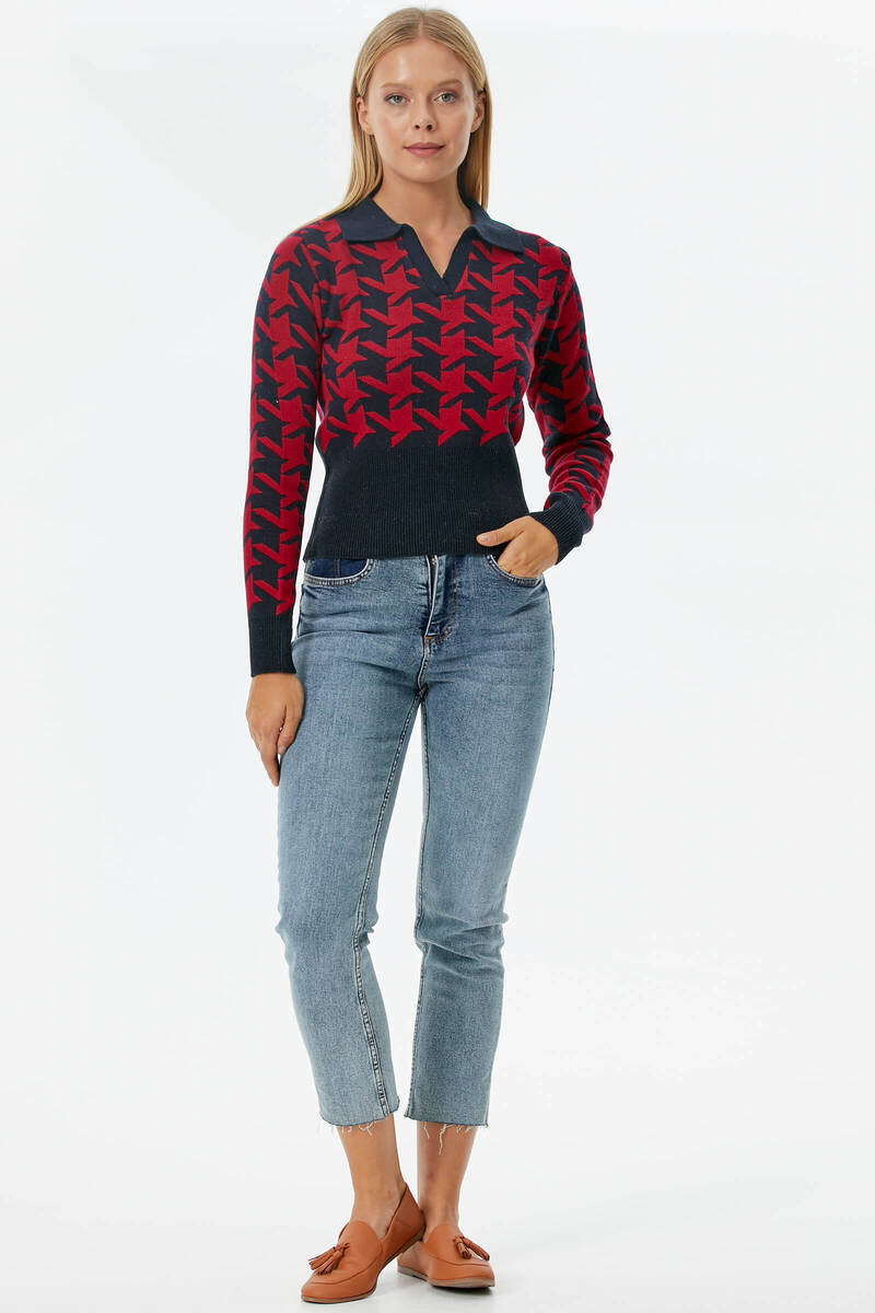 Patlı Polo Yaka Kazayağı Desenli Triko Kazak - Lacivert (2) Sementa