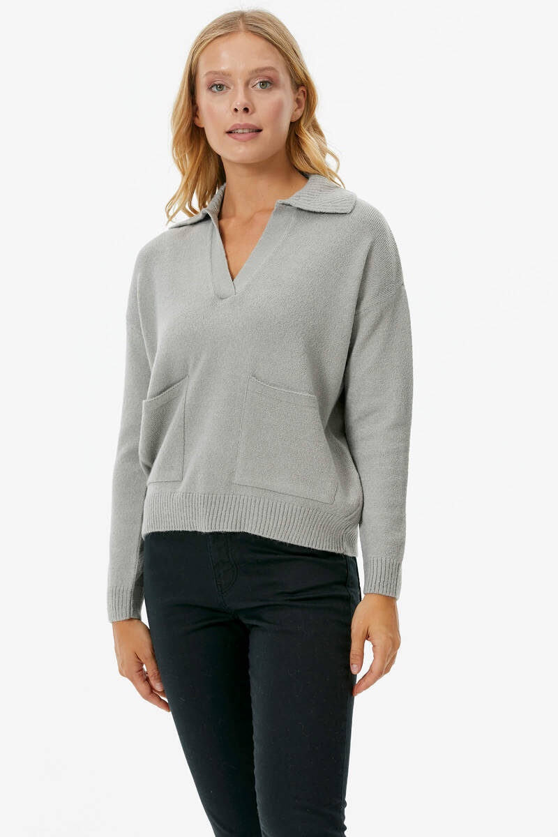 Polo Yaka Cepli Triko Kazak - Açık Gri (1) Sementa