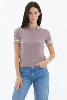 Polo Yaka Düğmeli Kısa Kol Triko Kazak - Gül (1) Sementa