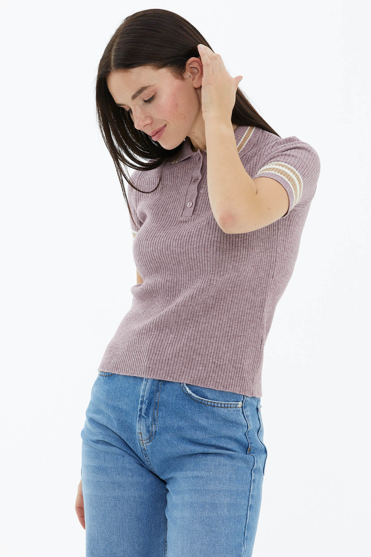 Polo Yaka Düğmeli Kısa Kol Triko Kazak - Gül (2) Sementa