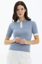Polo Yaka Patlı Düğmeli Kısa Kollu Triko Kazak - Mavi (1) Sementa