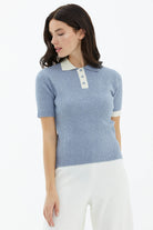 Polo Yaka Patlı Düğmeli Kısa Kollu Triko Kazak - Mavi (2) Sementa