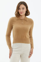 Polo Yaka Patlı Düğmeli Triko Kazak - Kamel (2) Sementa