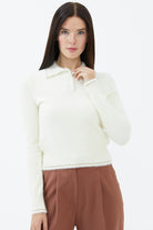 Polo Yaka Patlı Düğmeli Triko Kazak - Kemik (1) Sementa