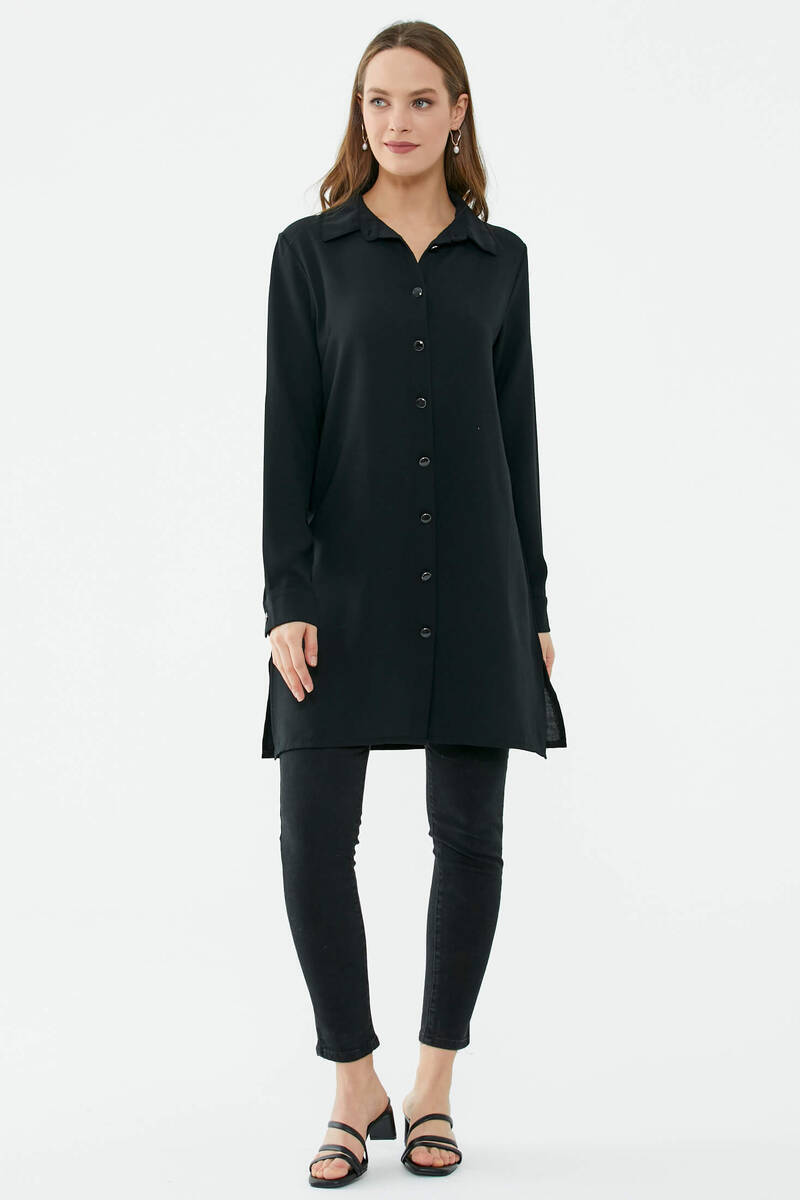 Rahat Kalıp Uzun Krep Gömlek - Siyah (2) Sementa