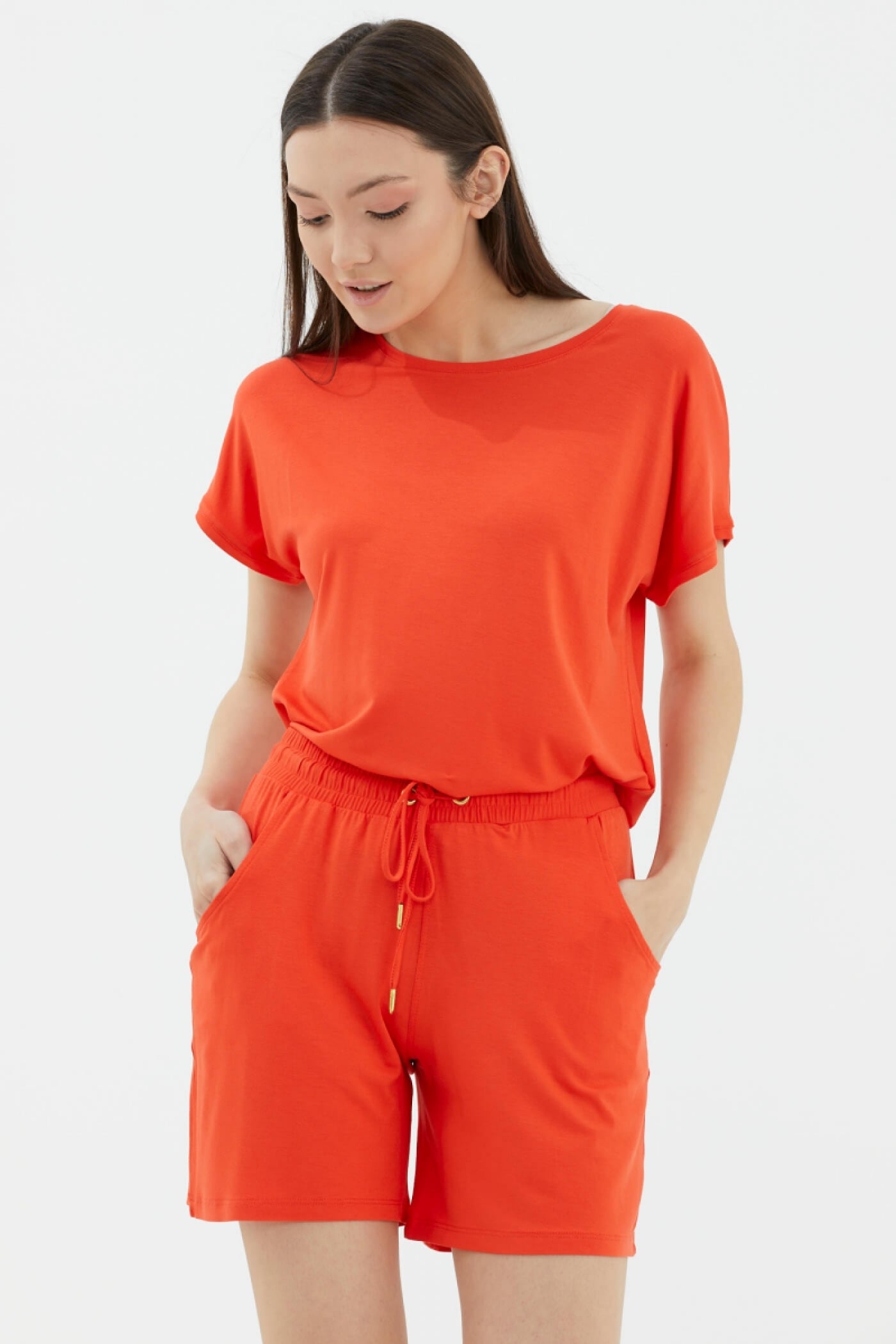 Rahat Kesim Penye Şort - Mercan (2) Sementa