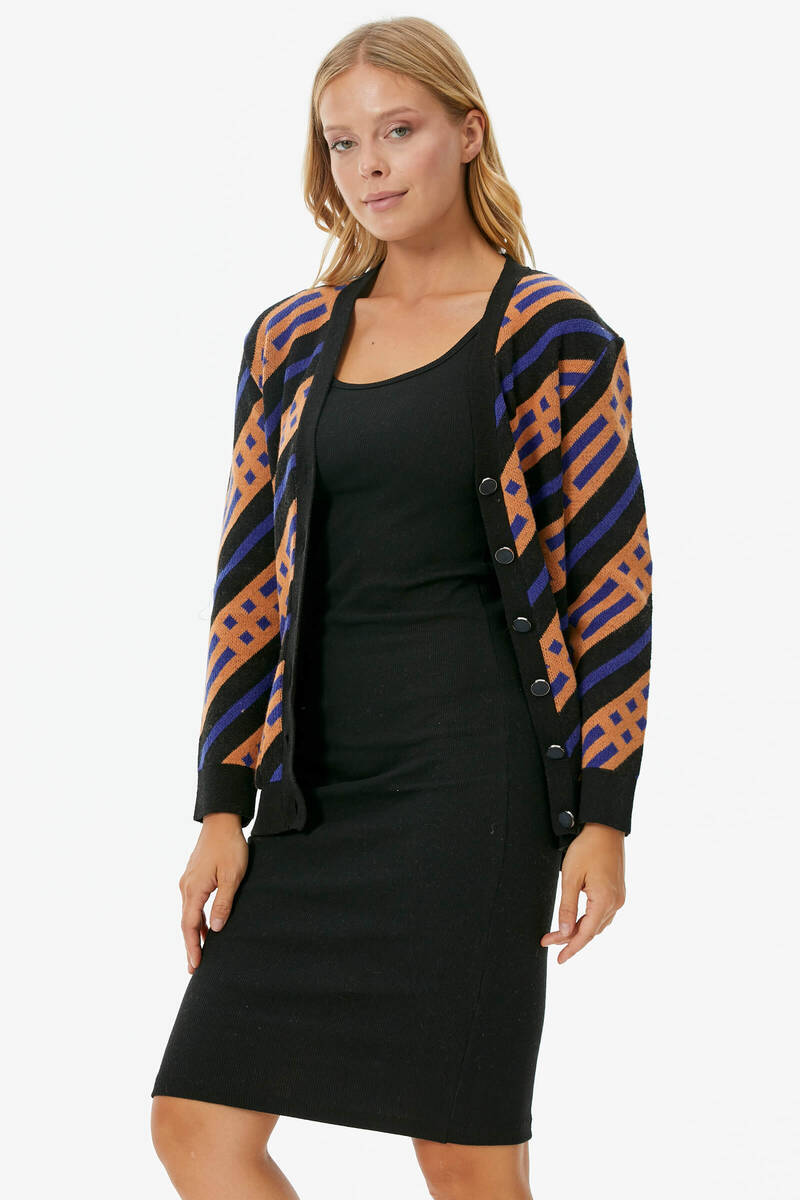 Renkli Blok Desen Triko Hırka - Siyah (2) Sementa